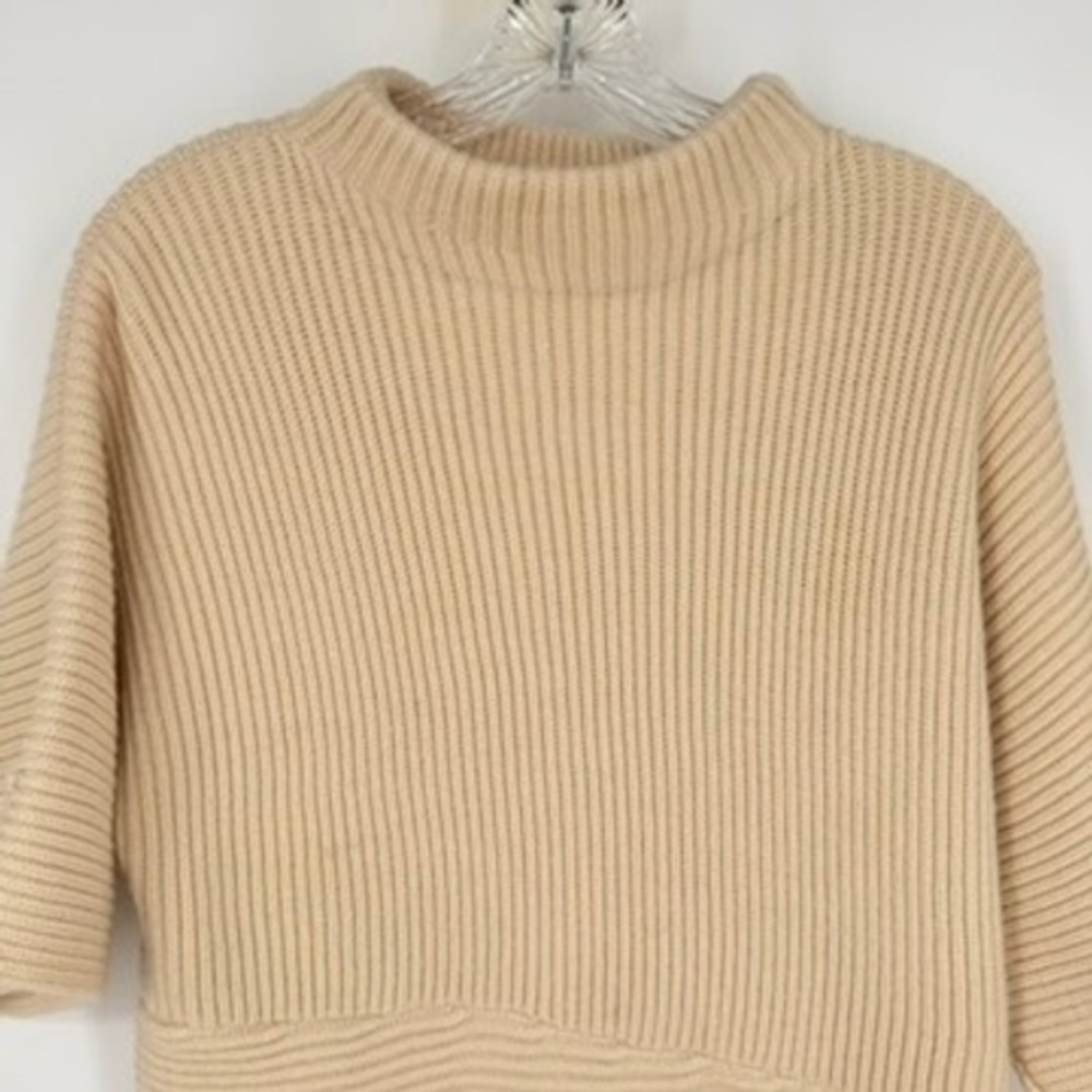 AYR Ribbed Asymmetrical Sweater Cream Wool Alpaca Mixed Mock Neck Short Sleeve M - Picture 6 of 13